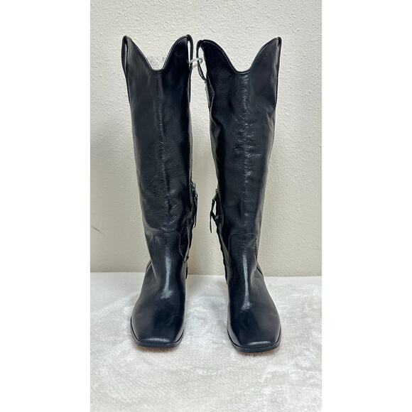 Women’s Sam Edelman Black Leather Tall Western Boots – Square Toe Zip Style - Picture 2 of 8